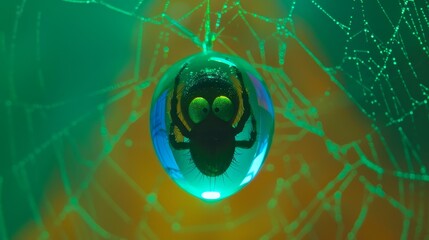  A bug perched atop a vibrant green and yellow spider web, adorned with sparkling dew droplets against a matching yellow and green backdrop