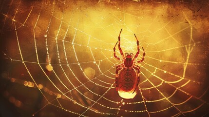  A spider on a wet web, in the heart of its yellow-lit, darkened domain, adorned with water droplets