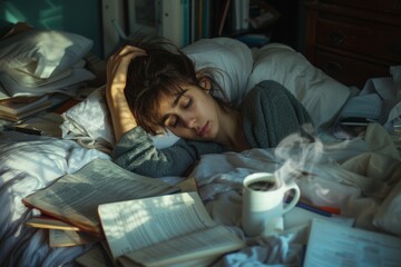 A woman is sleeping on a bed with a cup of coffee next to her