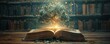 © saichon - Library scene, old book opening with tree of knowledge, magical light guiding to success, beautiful background,
