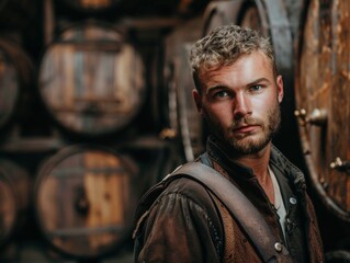 Wall Mural - Rugged man with beard in rustic setting