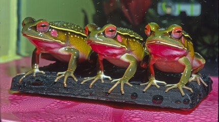 Wall Mural -  A trio of frogs perches on a red-and-black logs atop a pink tablecloth, adorned with dots