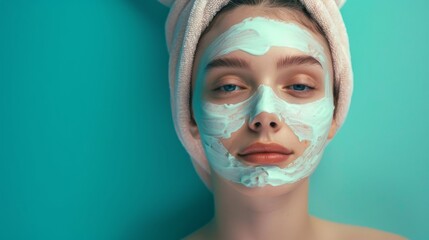 Wall Mural - A woman with a white towel on her head and a blue face mask on her face