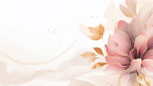 Golden line art flower and botanical leaves. Greeting card or invitation. Copy space
