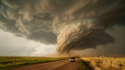 Monster supercell with developing wall cloud moves across central Kansas and later forms a destructive, EF-3 rated tornado destroyed property. Storm chasers observing storm on dirt road, USA
