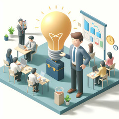 Wall Mural - Creative Employee Holding Light Bulb in Coworking Space   Generating New Ideas in Collaborative Environment 3D Flat Icon, Cartoon Style