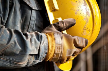 Wall Mural - Construction worker wearing hard hat and safety gloves at industrial work site