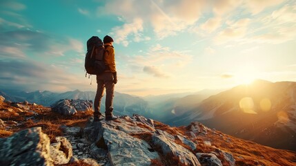 Wall Mural - A man with a backpack is standing on a mountain top