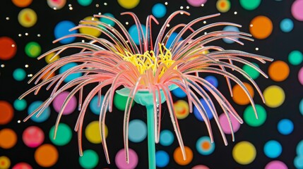 Sticker -  A close-up of a flower against a black backdrop, surrounded by multicolored confetti circles on the wall Black background with multicolored circled scattered around it