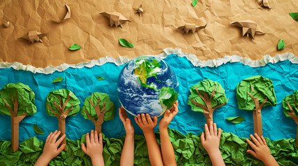 Wall Mural - Close-up image of a child holding an earth-like sphere against a background of nature and animals made of paper..