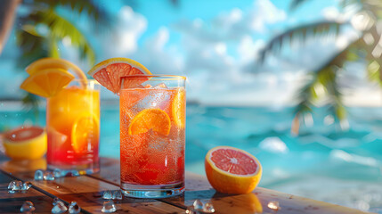 Wall Mural - Vibrant Beachside Cocktails: A Photorealistic High Resolution Image Capturing the Enjoyable Atmosphere at Beach Resorts