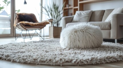 Poster - Low angle view of stylish furniture and fluffy carpet indoors