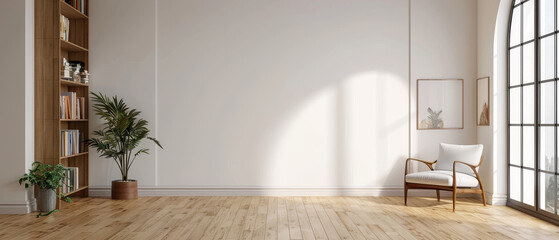 Modern living room design featuring a white empty wall, wooden flooring, minimalist decor, bookshelf, armchair, and window