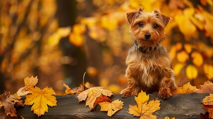 Wall Mural -  A small brown dog atop a log amidst a forest of autumn-hued trees Yellow, orange, and red leaves carpeted the ground
