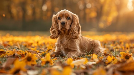 Wall Mural -  A Cocker Spaniel sits in a field of yellow flowers Sun rays filter through trees and tree leaves in the foreground