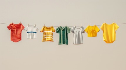 A row of clothes hanging on a clothesline, including a yellow shirt