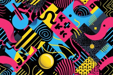 Wall Mural - 80s and 90s seamless design, vibrant geometric shapes, retro aesthetic, bright colors, playful and abstract, bold design, intricate details, dynamic and vivid