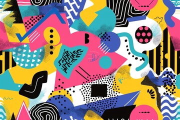 Wall Mural - 80s Memphis Style seamless pattern, vibrant geometric shapes, bold colors, playful and abstract design, retro aesthetic, dynamic patterns, vivid hues, intricate details