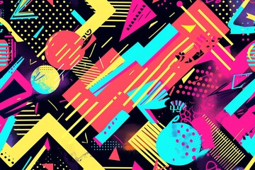 Seamless 80s and 90s design pattern, bright geometric shapes, neon colors, retro art, playful and bold, vivid and intricate, dynamic design