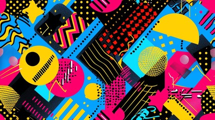 Wall Mural - Seamless 80s Memphis Style pattern, bright geometric shapes, neon colors, retro art, playful and bold, vivid and intricate, dynamic design