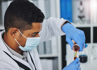 Aufkleber - Healthcare, doctor or man with blood sample in laboratory for experiment, diagnosis and dna information. Hospital, face mask and gloves of male scientist with vial for medical research, check or test