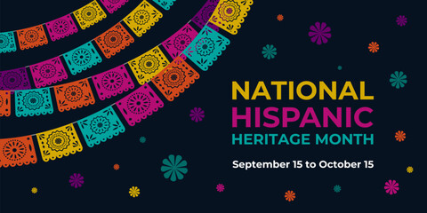 Wall Mural - Hispanic heritage month. Vector web banner, poster, card for social media, networks. Greeting with national Hispanic heritage month text, Papel Picado pattern, perforated paper on black background.