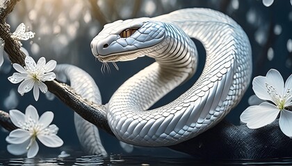 Wall Mural - A white cobra with flowers