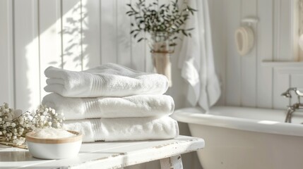 Wall Mural - A stack of white towels sits on a table next to a bathtub