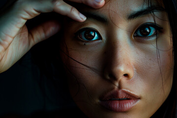 Wall Mural - A woman with dark hair and brown eyes is looking at the camera