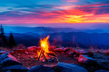 Sticker - A fire is burning in a stone circle on a mountain top