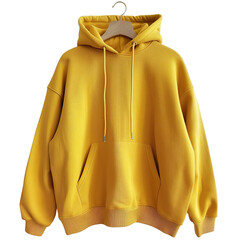 Wall Mural - Front view of a mustard yellow hoodie on a wooden hanger isolated on a white transparent background