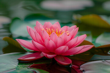 A pink flower is floating on the surface of a pond