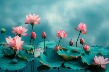 Wall Mural - A group of pink flowers are floating on the surface of a pond