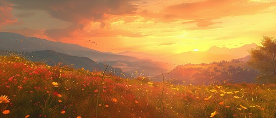 Wall Mural - Sunset wildflower meadow img