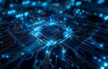 Wall Mural - Abstract circuit board background with a chip and blue light effect on a dark blue color. High quality, sharp focus illustration for a tech concept background. The power source is the central processi