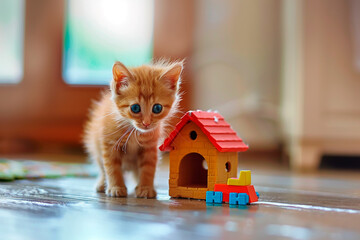 Wall Mural - A kitten is standing in front of a toy house