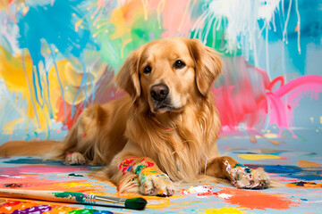 Wall Mural - A dog is laying on a floor with paint splatters all around it