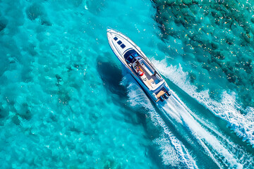 Wall Mural - A boat is speeding through the water, leaving a trail of white foam behind it