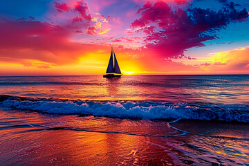 A sailboat is sailing on a beautiful ocean with a sunset in the background