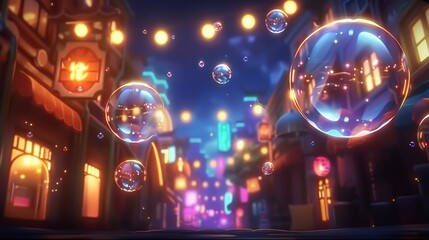 Sticker - bubbles float, soap in air; buildings line both sides, bright lights glow