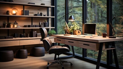 Wall Mural - A contemporary office space featuring a wooden desk, a stylish black chair, and an organized cable management system, emphasizing clean lines and efficiency.