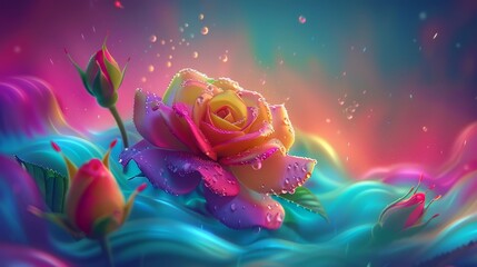 Canvas Print -  A painting of a rose floating on water's surface, surrounded by droplets A pink-yellow rose adjacent