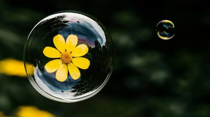 Wall Mural -  A yellow flower floats in a crystal-clear bowl, its reflection forming a perfect image on the water's surface A solitary drop clings to the bowl's bottom Behind