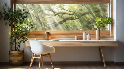 Wall Mural - A contemporary office mock-up with a large window, a minimalist desk, a laptop, and a cup of coffee, emphasizing natural light and simplicity.