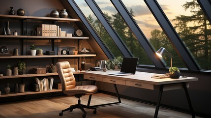 A contemporary office space with a wooden desk, a stylish black chair, and an organized cable management system, emphasizing clean lines and efficiency.