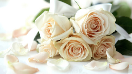 Wall Mural - An elegant rose bouquet adorned with a ribbon and bow, with delicate wedding petals arranged beautifully
