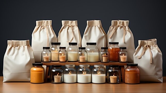 A variety of packaging mock-ups including glass jars with metallic lids, paper bags with handles, and plastic containers, all set against a clean white backdrop.