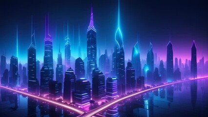Wall Mural - A futuristic cityscape illuminated by neon lights, with glowing skyscrapers and dynamic architecture. 