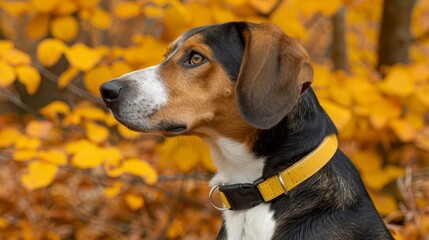 Wall Mural -  A brown-and-black dog sits before a tree, its yellow leaves scattered on the ground The dog gazes away