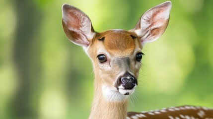 Wall Mural -  A tight shot of a small deer's face, surrounded by a softly blurred backdrop of trees and grass The deer's head is prominently featured in the foreground